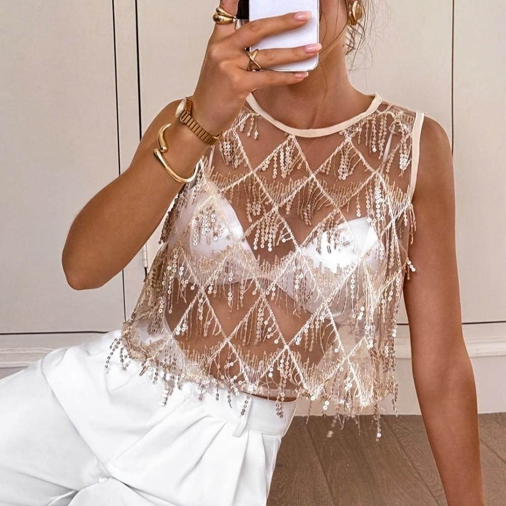 Fringe Crop Top Embroidery Sheer Camisole Chic Sequin Vest Tops  Streetwear