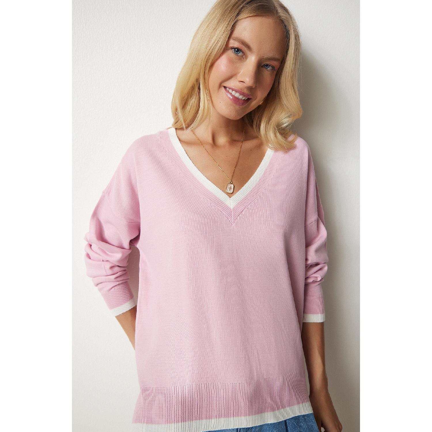 

Женский светло-розовый вязаный свитер с v-образным вырезом Mx00145