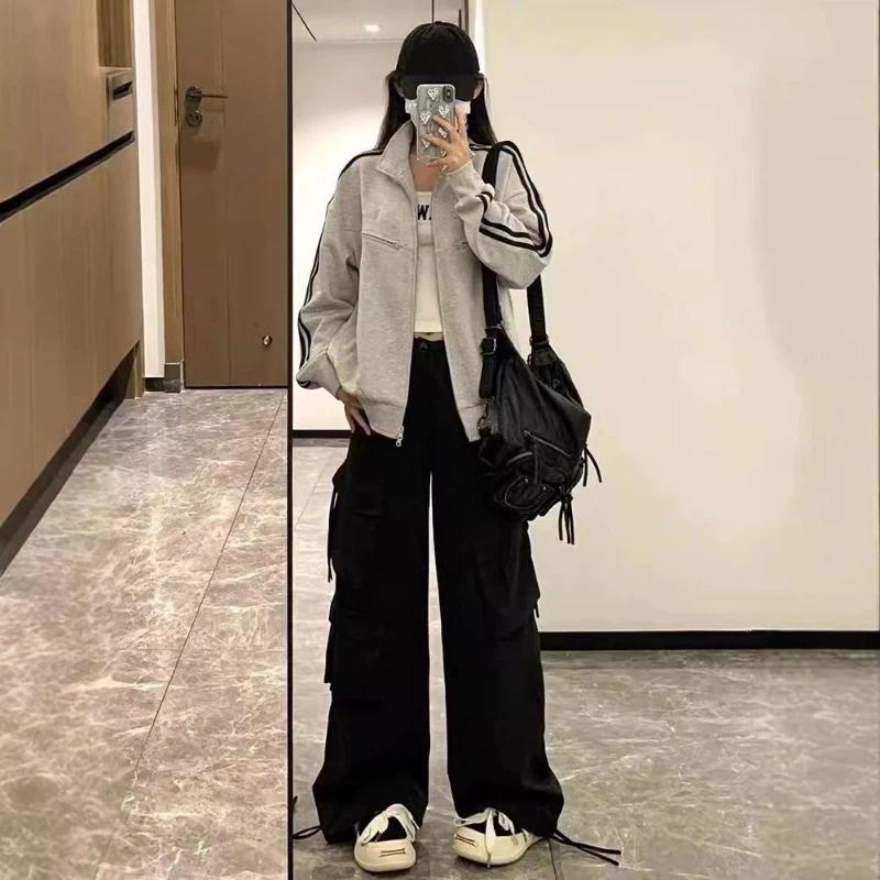 Women Stand Collar Zip Up Striped Sleeve Oversized Sweatshirt Jacket