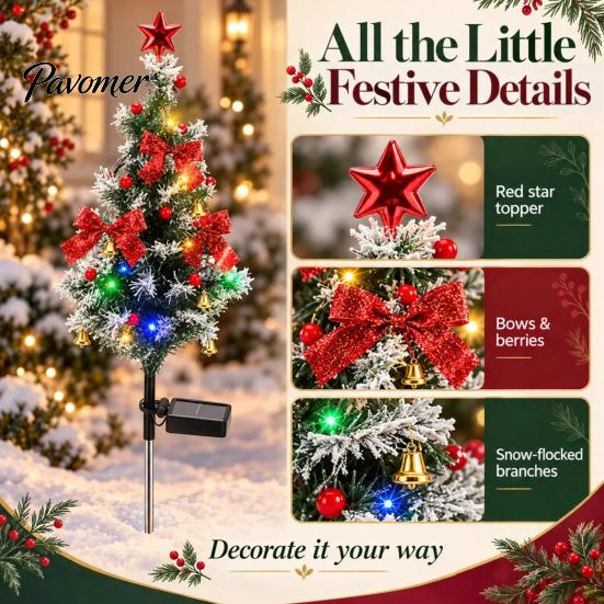 Decorative Christmas Lawn Stakes Solar Tree Stake Light, LED Lighted Artificial with Bow Star Party Supplies Bell Ball, IP65 Waterproof Garden