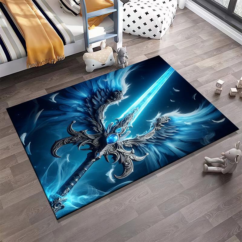 "Fantasy Blue Sword and Wings Pattern Carpet for Living Room Decor" Suitable for use as an anti-slip for living room bedroom sofas