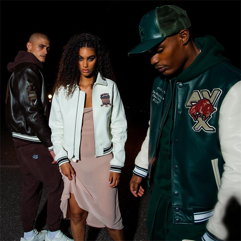 AVFLY leather baseball jersey men's stand-up collar towel embroidery leisure sports plus size cowhide leather jacket