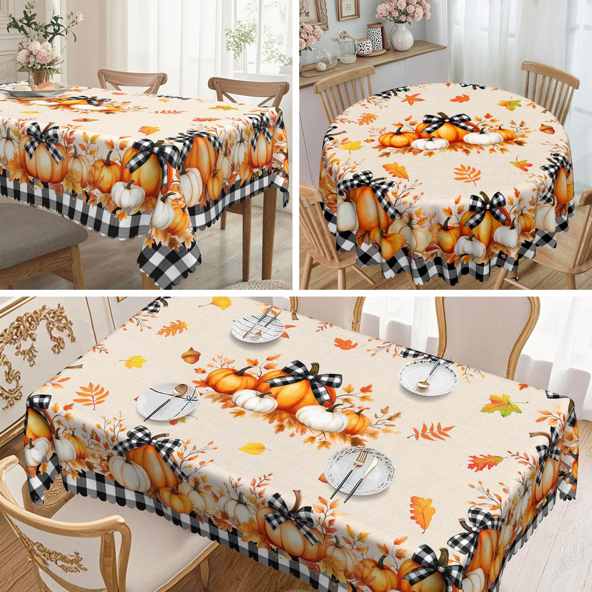 1 Piece, Thanksgiving Tablecloth, Autumn Plaid Round Tablecloth, Pumpkin Maple Leaf Pattern, Autumn Decoration. round tablecloth-152x152cm