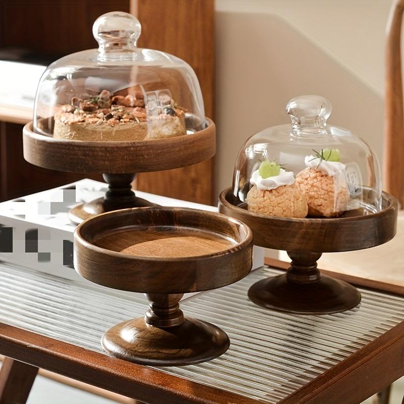 Wooden Cake Tray Acacia Fruit Plate with Glass Cover Dustproof Dessert Stand for Home Living Room