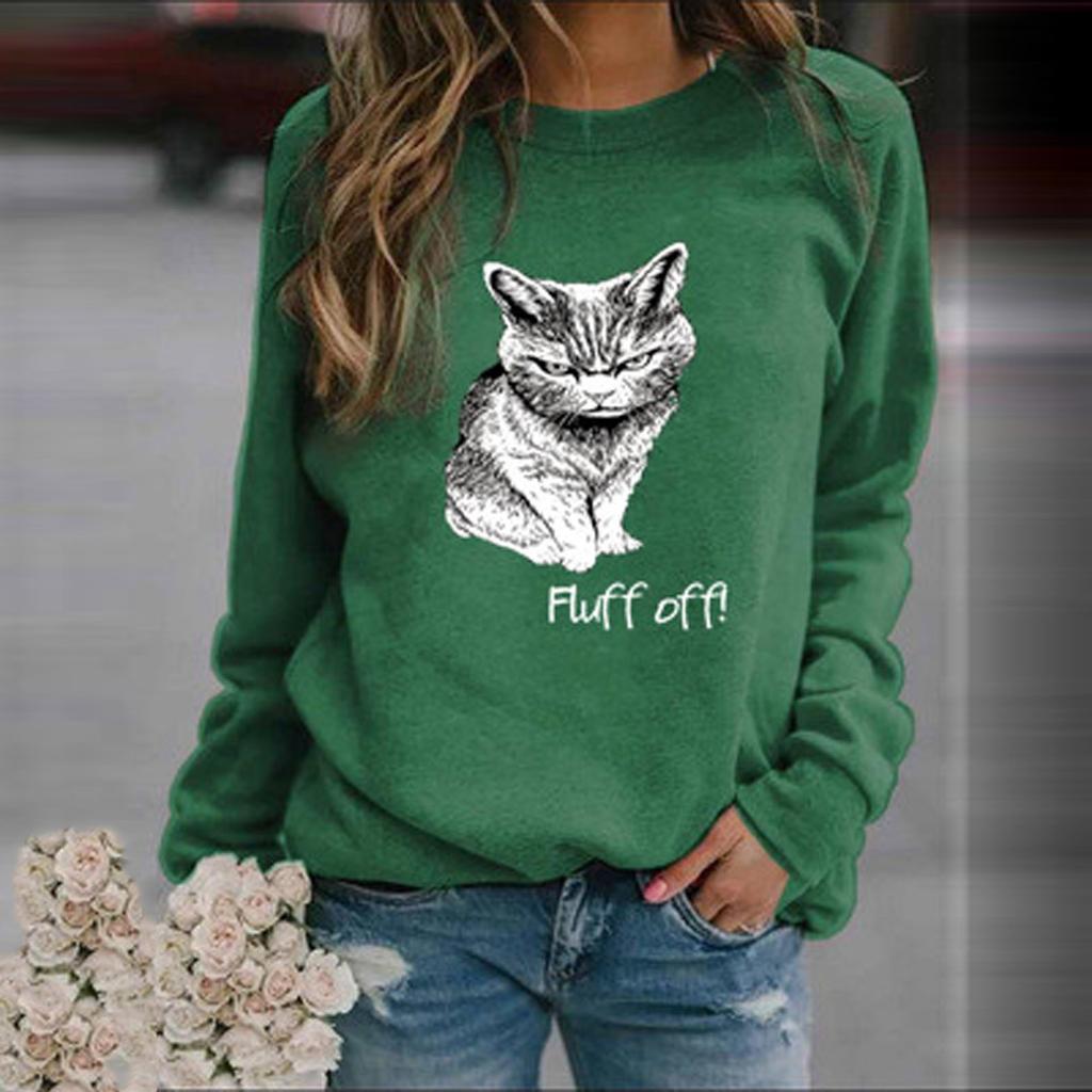 Womens Fashion Leisure Cat Print Long Sleeve Round Neck Casual Loose Tops