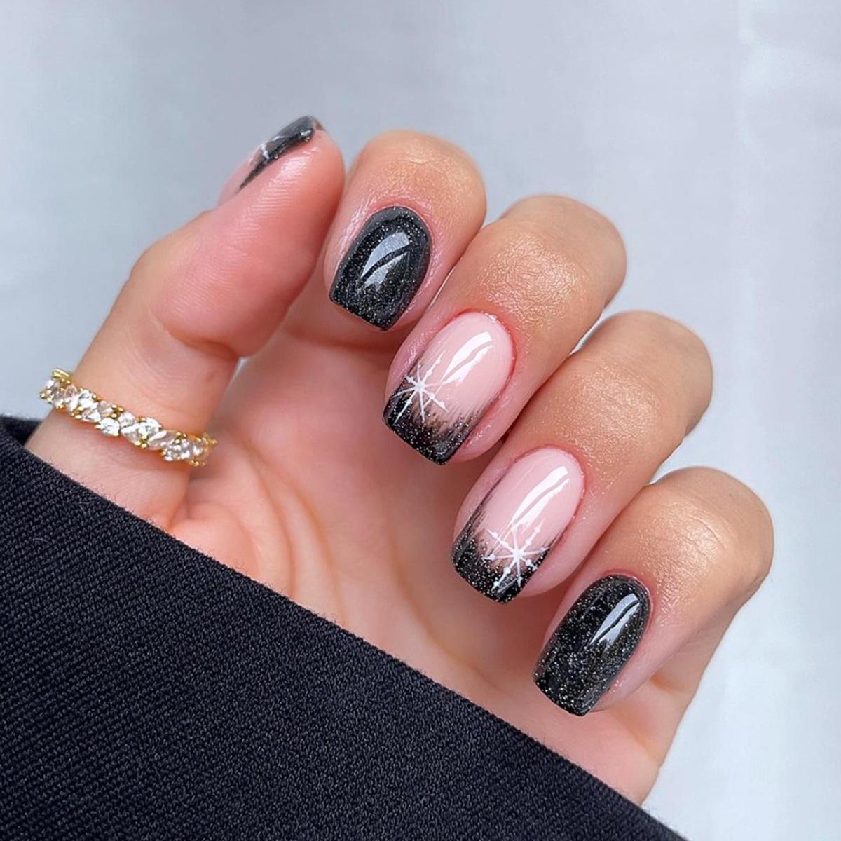 

Dark Bling Black French & Snowflake Dotted Square False Nails