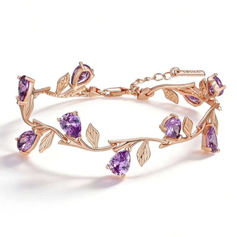 Luxury Golden Petal Bracelet For Women Shiny Purple Zircon Jewelry Ethnic Wedding Accessories