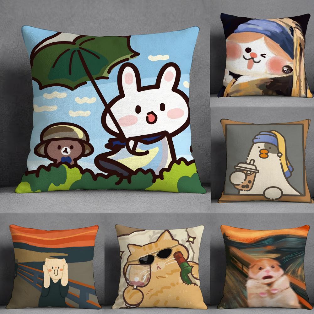 Oil Painting Of A Quirky Fun Rabbit Pillow Case Pillowcase Doublesided Printed Sofa Cushion Bedroom Headboard Pillow