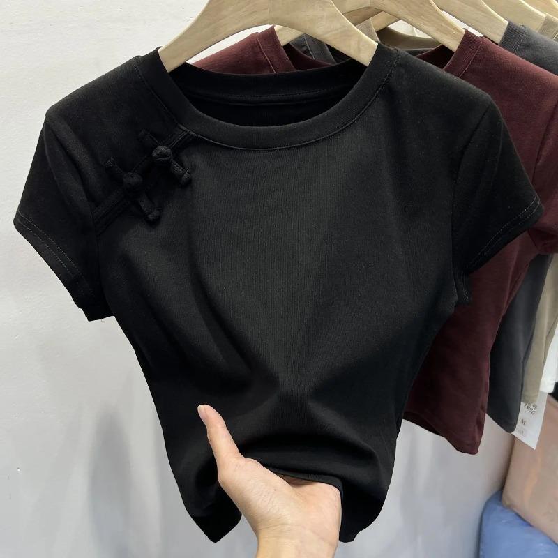 Chinese Style Summer T Shirts Women Crop O Neck Gentle Buttons Soft Designed Short Sleeve Pure College Retro