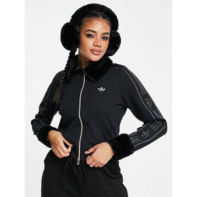 

Черная спортивная куртка в рубчик с пушистой отделкой adidas Originals ski chic