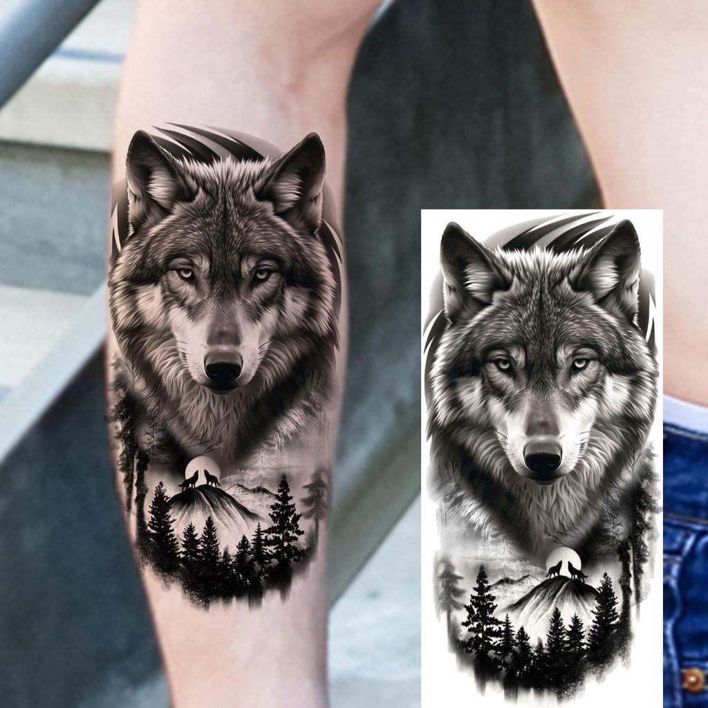 1 Sheet Forest Tribal Wolf Temporary Tattoos For Men Women Arm Leg Tatoos Waterproof Realistic Fake Tattoo Stickers Long Lasting