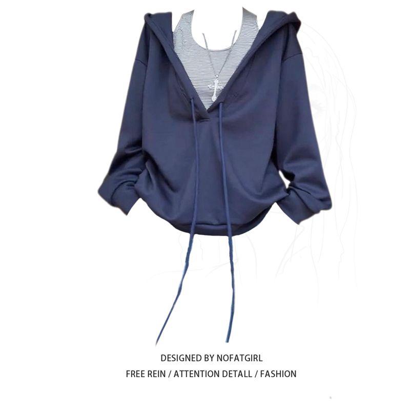 

Plus size Fat Sister Korean Series Idle Style Loose Drawstring Hoodie Women Autumn Stripe Sling Stacked Two-piece Set Suspenders M