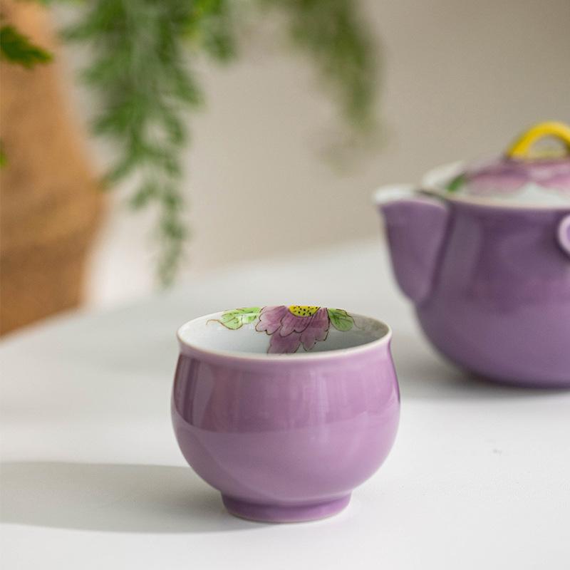 Hand painted purple peony kung fu tea set grass and wood ash underglaze color one pot two cups storage bag household ceramic travel set