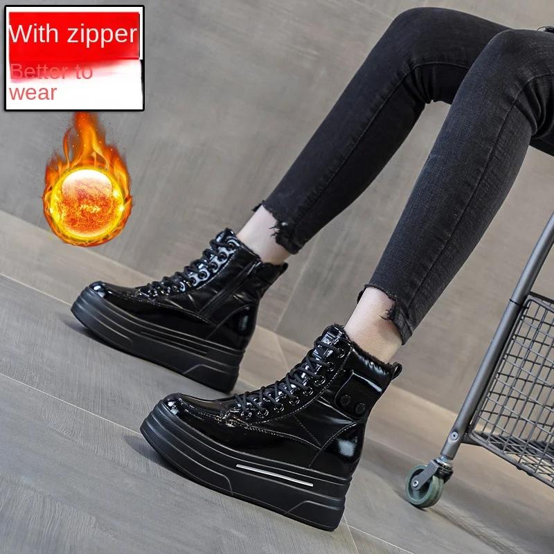 Fashion 9cm Winter Elevating Women's Shoes Thick Soled Warm Short Boots Leather Casual Platform Snow Boots with Cotton Designer Shoes