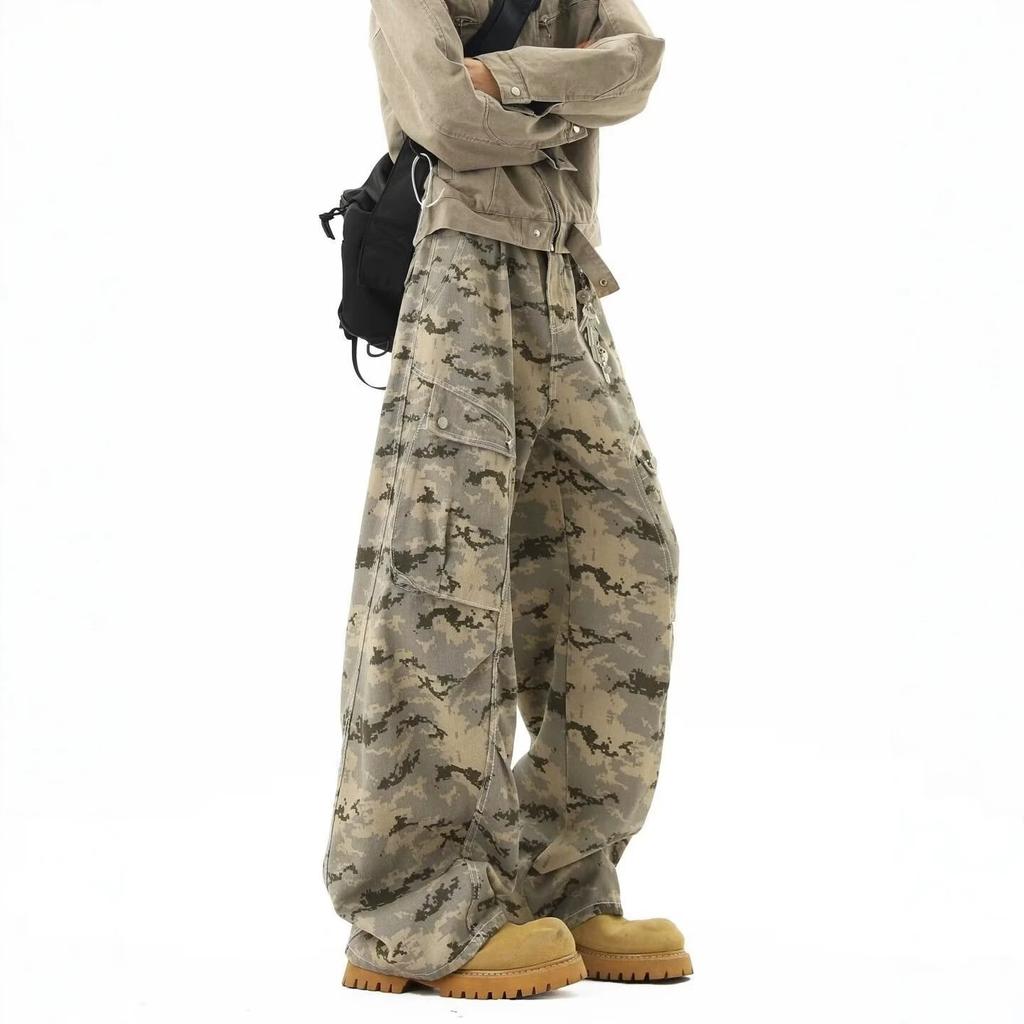 American retro multi-pocket camouflage tooling jeans men's and women's cleanfit loose casual wide-leg pants trousers tide