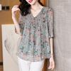V-Neck Half Sleeve Printed Shirt Spring Summer Korean Female Clothing Spliced Chic Three-dimensional Decoration Blouse