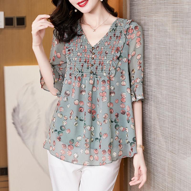 V-Neck Half Sleeve Printed Shirt Spring Summer Korean Female Clothing Spliced Chic Three-dimensional Decoration Blouse
