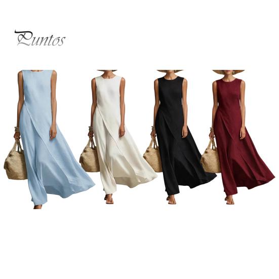 Solid Color Women Dress Women's Sleeveless Cotton Linen Dress, Casual Irregular Hem Crew Lightweight Summer Neck Long Loose Beach Vacation Sundress