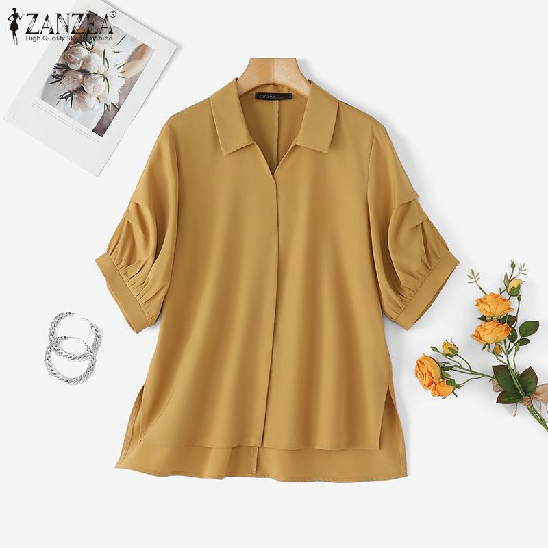 ZANZEA Women Turn Down Collar Loose Casual Half Sleeve Plain Blouse