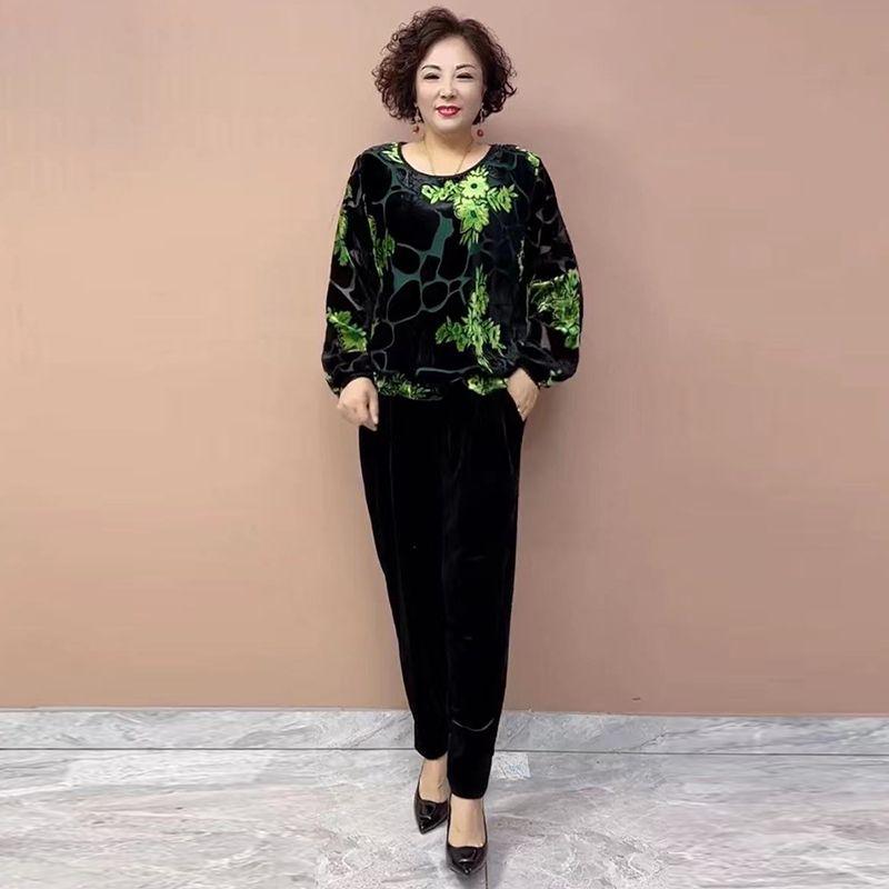2pcs Pants Suits High-end Women's Velvet Printed Plus Size Blouse High-waist Velvet Pants Two-piece Round Neck Velvet T-shirt Fall Winter