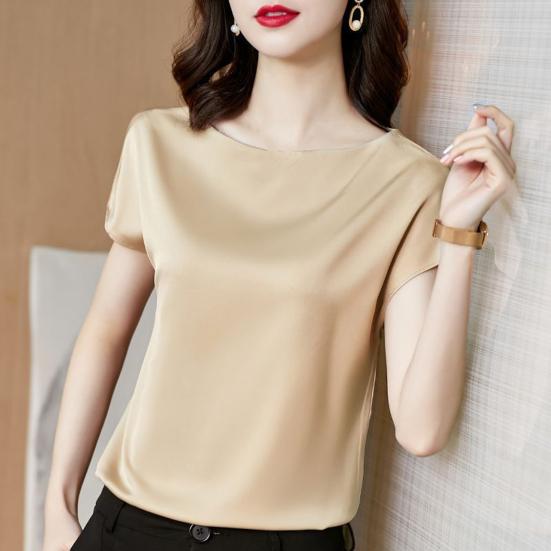 Women Summer Shirt Round Neck Short Sleeve Casual Tops Solid Color Loose Fit Smooth Fabric Pullover Tops Workwear
