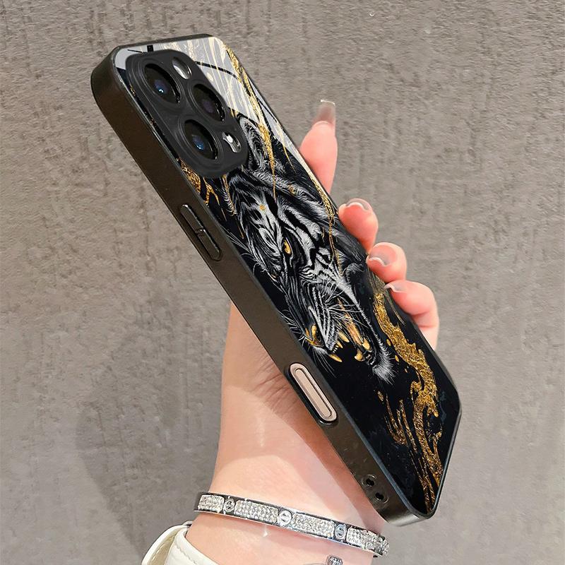 Módní tvrzené sklo na telefon se vzorem zlatého tygra pro iPhone 17 16 15 Pro Max 14 13 12 11 17Air 16E 7 8 Plus XR XS X Kryt