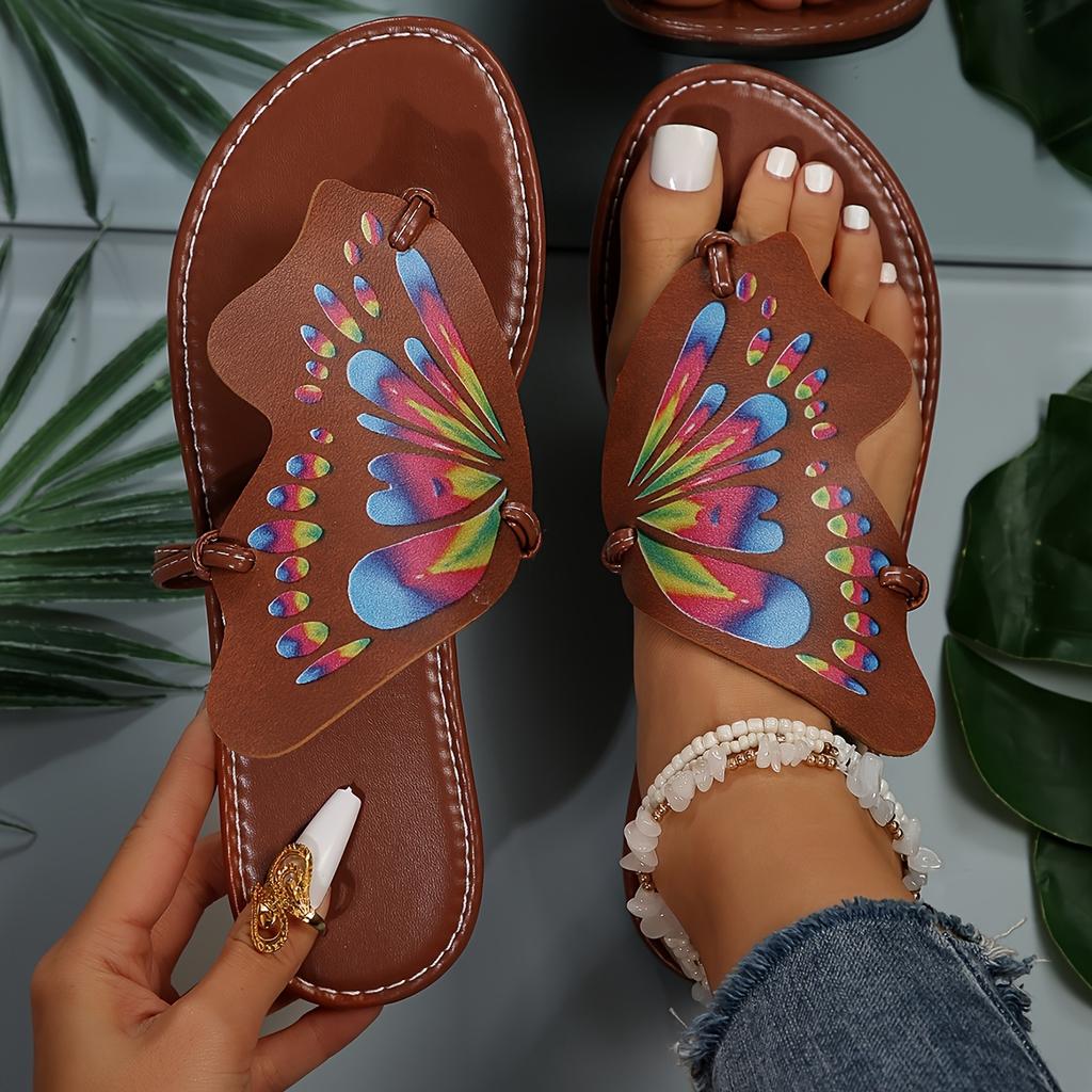 Stylish Women's Butterfly Print Slide Sandals | Faux Cover Upper & Rubber Sole | Versatile All-Season Footwear | Fashionable Clip Toe, Slip-On Flats