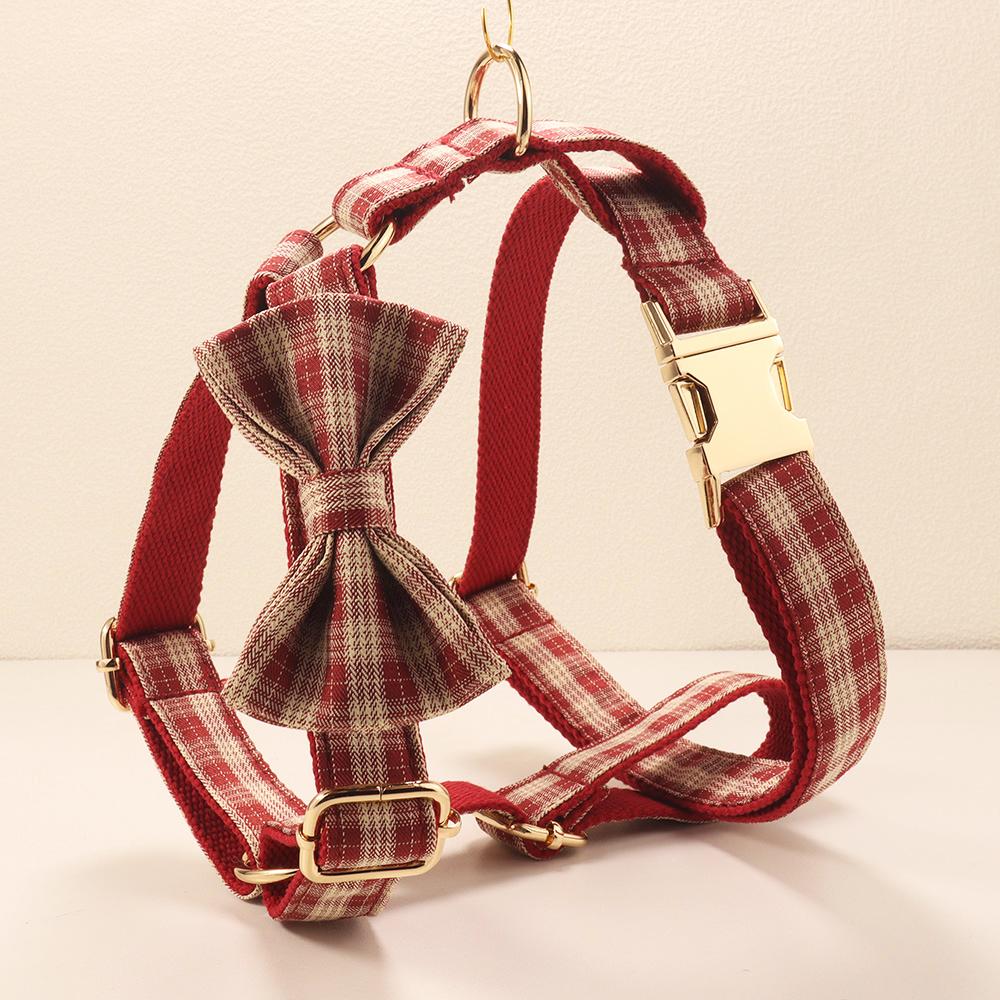 Plaid Pet Walking Harness Set with Bow Design, Adjustable Vest Collar Leash Kit for Small Dogs