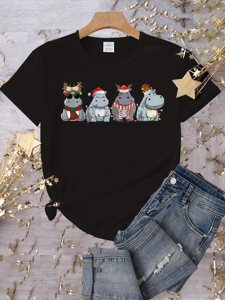 Hippopotamus Christmas Graphic Print T-shirt, Short Sleeve Crew Neck Casual Top for Summer & Spring, Women's Clothing