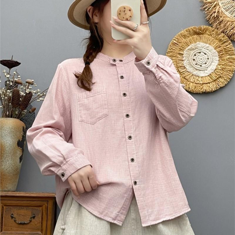 Women Striped Shirts Cotton Yarn Soft Blouses Long Sleeve Stand Collar Office Lady Tops Autumn Female Clothes