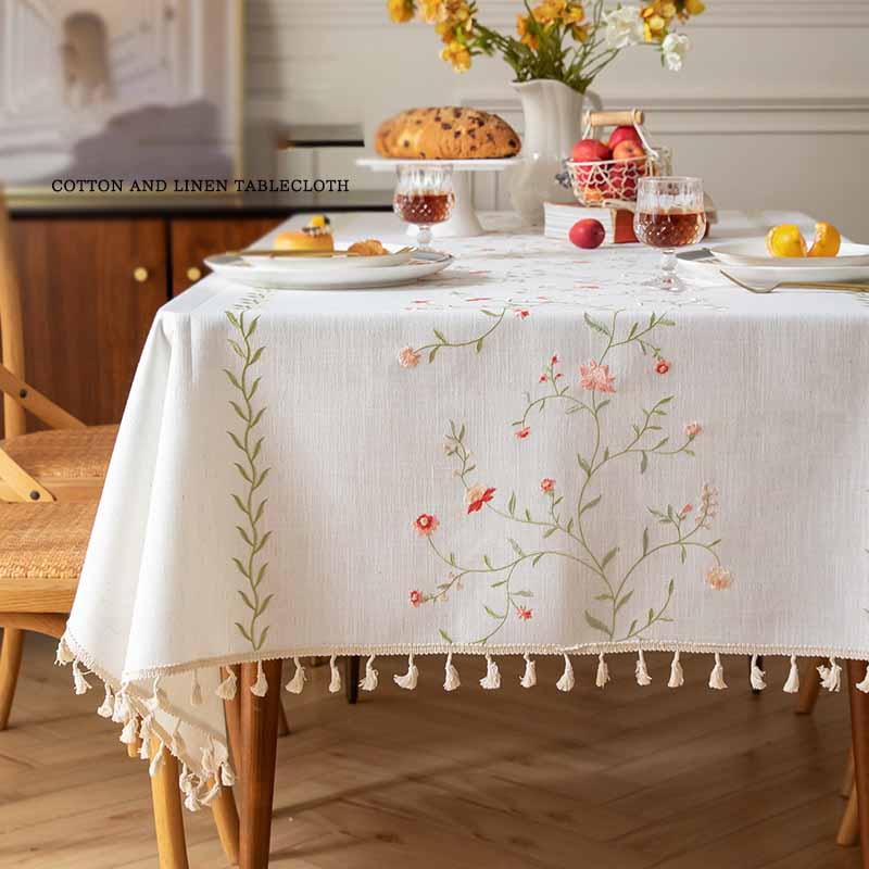 Floral Fresh Simple Embroidery Imitation Cotton Linen Dining Household Wear-resistant Waterproof Tablecloth