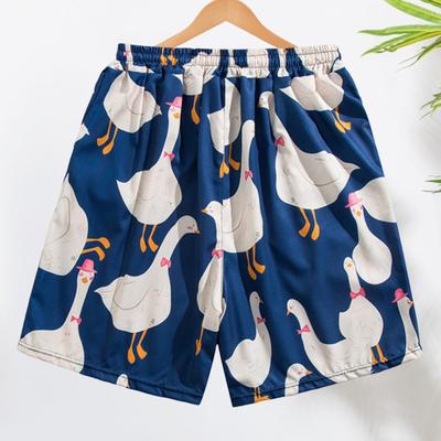 Men Beach Shorts Elastic Waist Adjustable Drawstring Cartoon Goose Print Beach Shorts Quick Drying Leisure Shorts