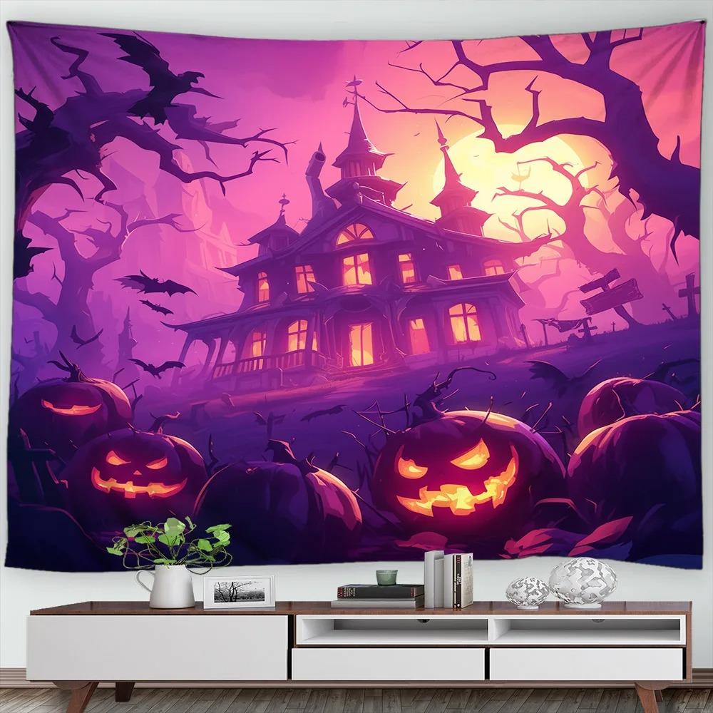 Halloween Decorative Tapestry Pumpkin Lantern Wall Hanging Full Moon Gothic Castle Ghost Bat Tapestry Home Room Decoration