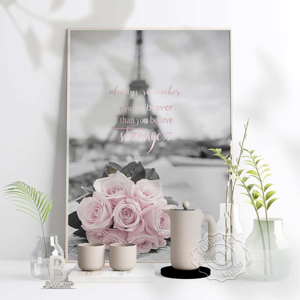 France Paris Pink Rose And Tower Landscape Art Poster, Paris City Art Print, Cityscape Wall Picture Retro Home Living Room Decor No Frame