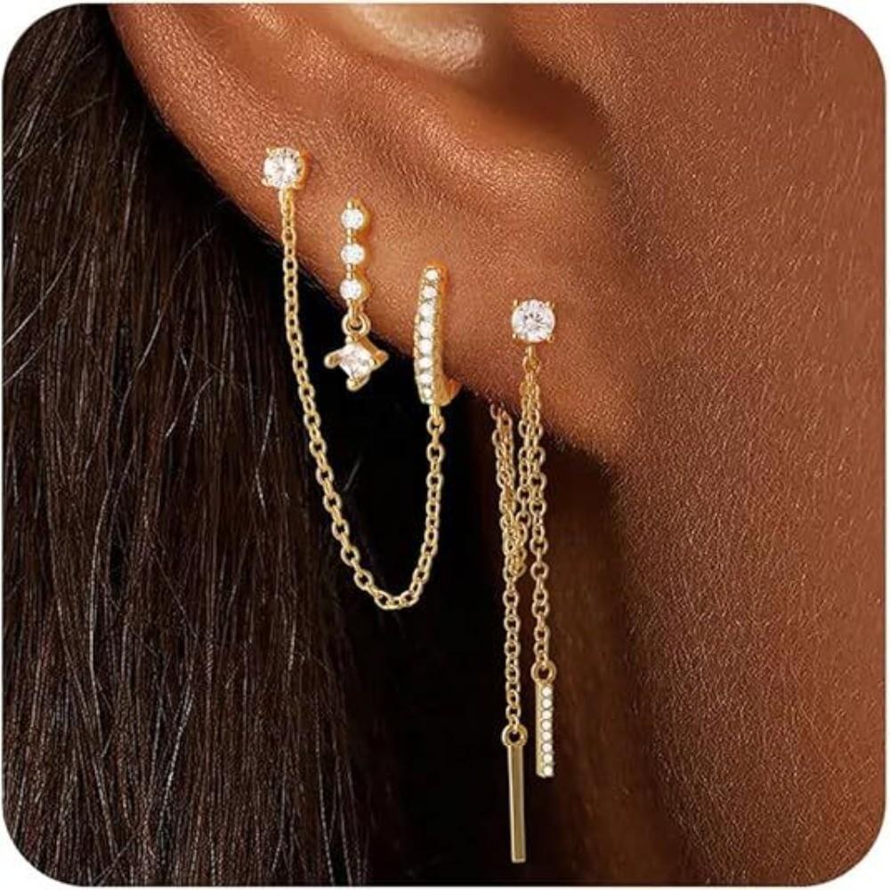 4Pcs/Set Chain Huggie Hoop Earrings Geometric Dangle Earring Set Women Accessories