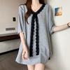 Large Size French Lace V-neck Sweater Short-sleeved Women's Summer New Loose Casual Half-sleeved Medium and Long Top