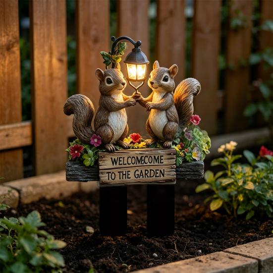 Two Squirrels Decorative Garden Stake, Welcome to The Garden Acrylic Yard Art, Street Lamp Squirrel Welcome Sign for Outdoor Yard Lawn Pathway