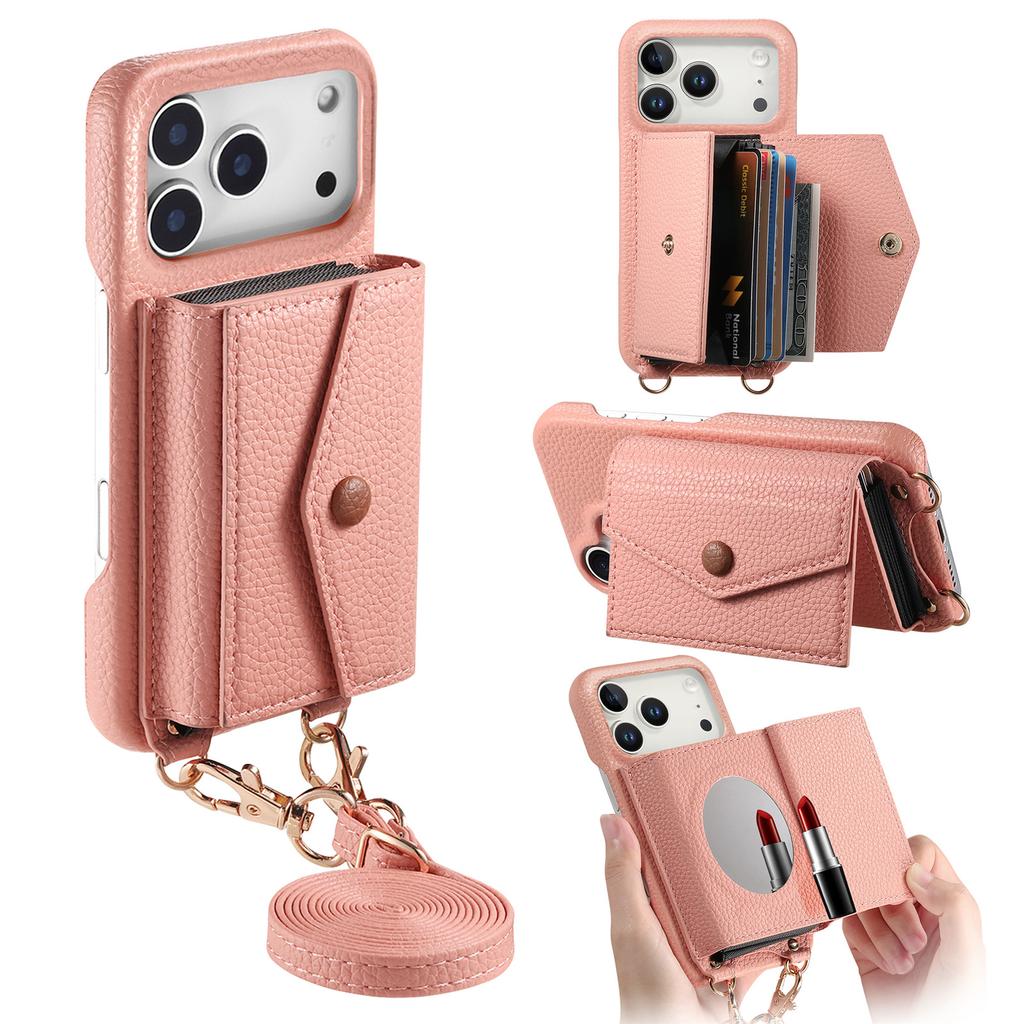 For iPhone 17 Pro Max Case Card Holder Kickstand PU Leather + PC Phone Cover with Mirror and Crossbody Lanyard