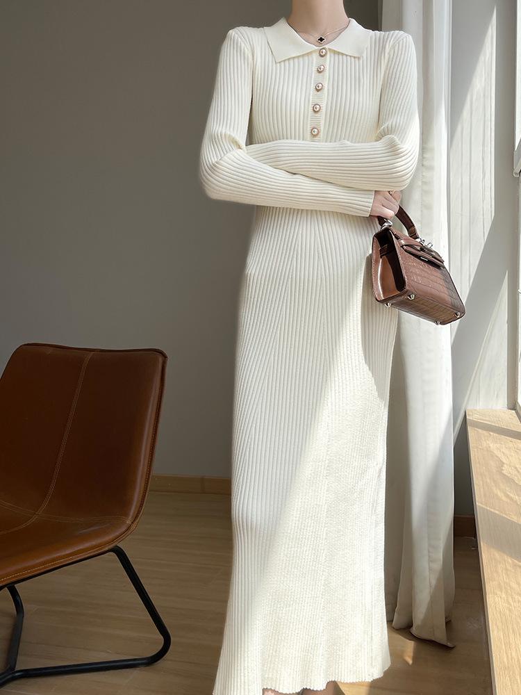 Women's Extra Long Slimming Knitted Polo Collar Dress for Autumn and Winter