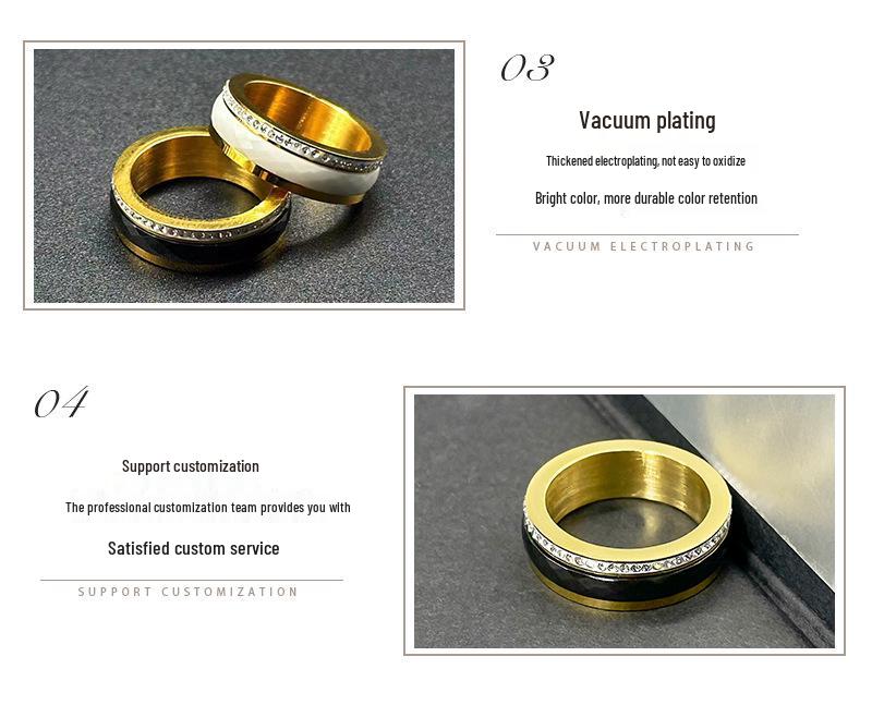 European-American Inlaid Diamond Black Ceramic Couple Ring: Rotatable Stainless Steel