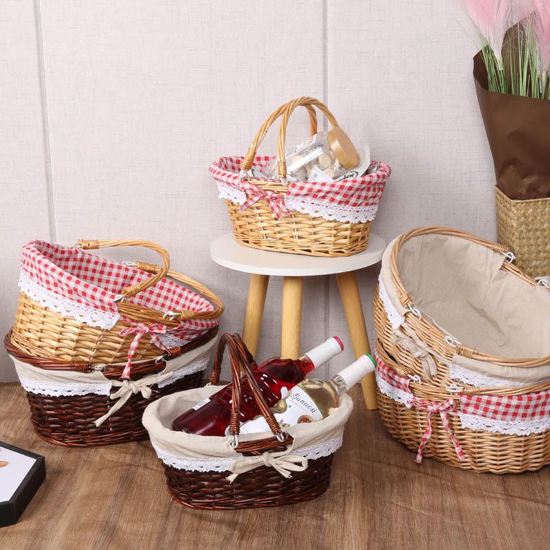 Woven Wicker Picnic Basket Handbag with Handle - Pastoral Style Fruit Storage E18