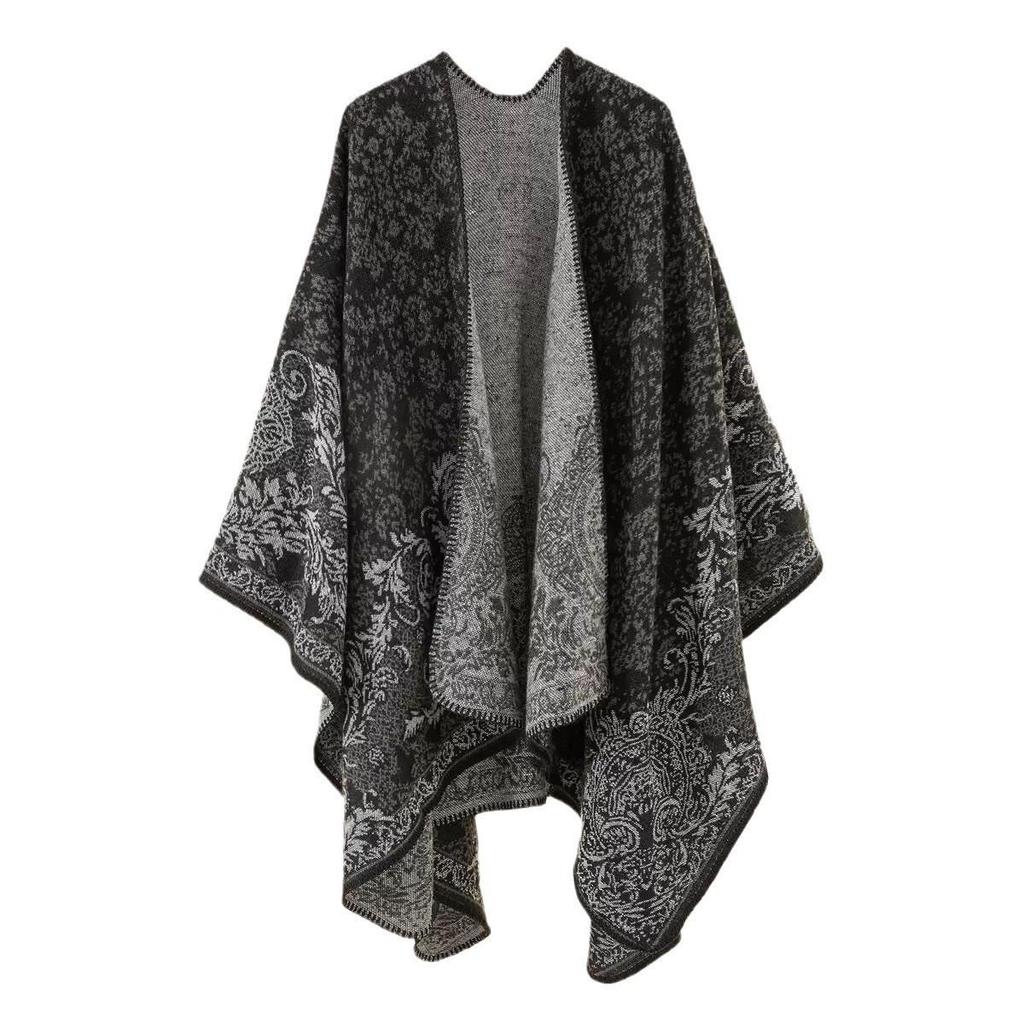 Women's Double-Sided Tassel Shawl Cloak - Classic Slit Design, Warm Travel Cape
