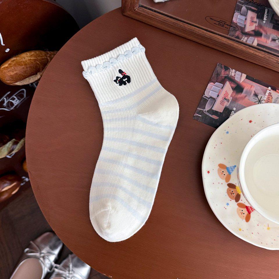 Cute Animal Embroidery Mid-Calf Socks - Trendy Spring/Summer School Style