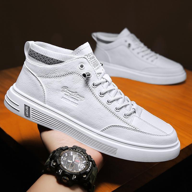 Fashion Casual Leather Shoes for Men Soft Skateboard Elastic Band Shoe Flats Outdoor Walking Sports Sneakers White Comfort Male Tennis