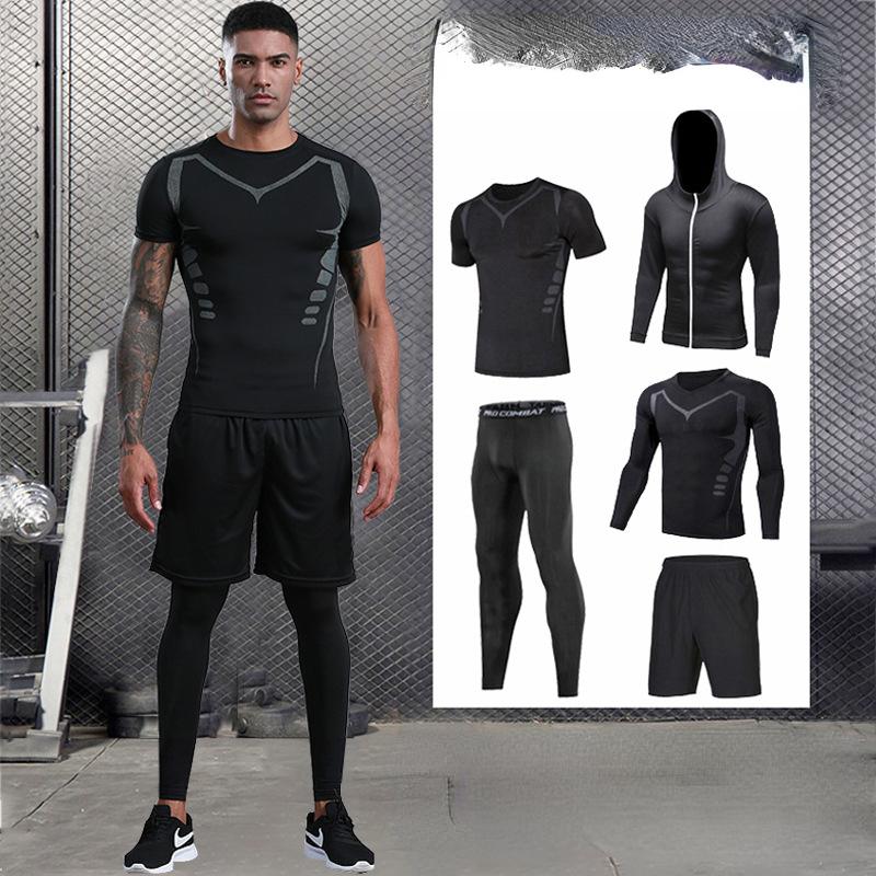 

Мужской комплект одежды для фитнеса из пяти предметов, быстросохнущий, впитывающий пот и дышащий, одежда для тренировок по баскетболу, тренажеры для занятий спортом и беговое оборудование.