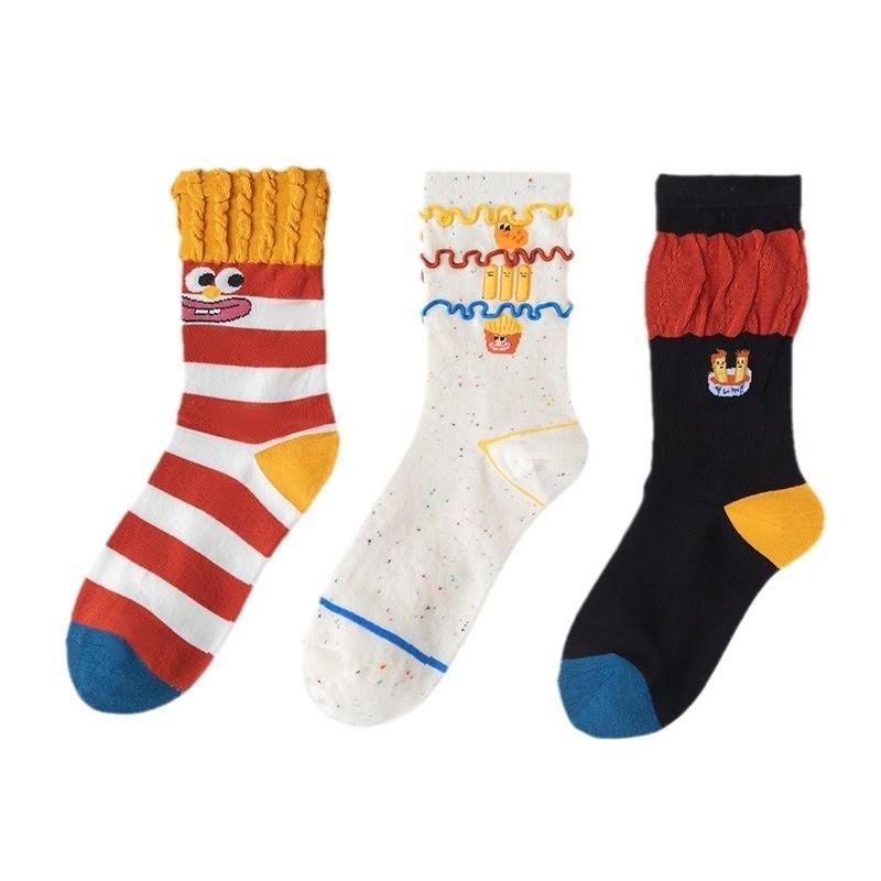 Fries Socks Rainbow Design Cute Female Cartoon Autumn/Winter Mid Tube Socks Stacking Socks Creative Funny Trendy Fashion Cotton Socks Don't Mess Up