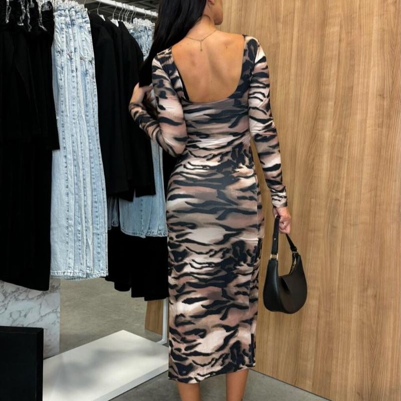 Autumn New Long Sleeve Zebra Print Split Sexy Dress Women Round Neck Slim Fit Vintage Party Club Casual Dresses Women Elegant High Waist Dress 25240