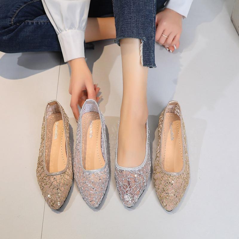 Large-sized Single-shoe Women's Summer Hollow Mesh Fabric Fashionable Pointed Toe Casual Flat Bean Shoes