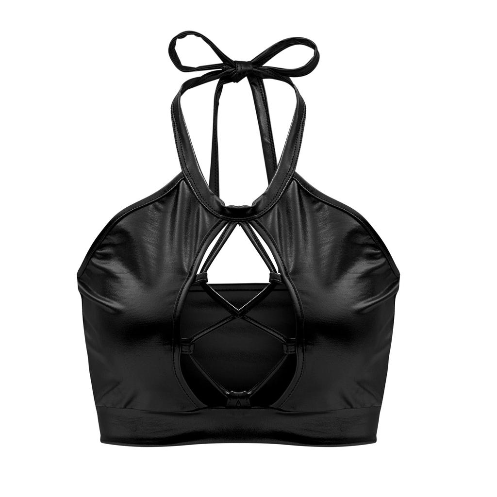 Women Shiny Metallic Halter Tank Top Sleeveless Spaghetti Strap Camisole Vest Bra Crop Tube Top for Party Club