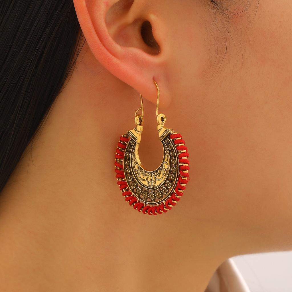 Bohemian Carved Crescent Earrings with Red Thread Detail Ethnic Vintage Style